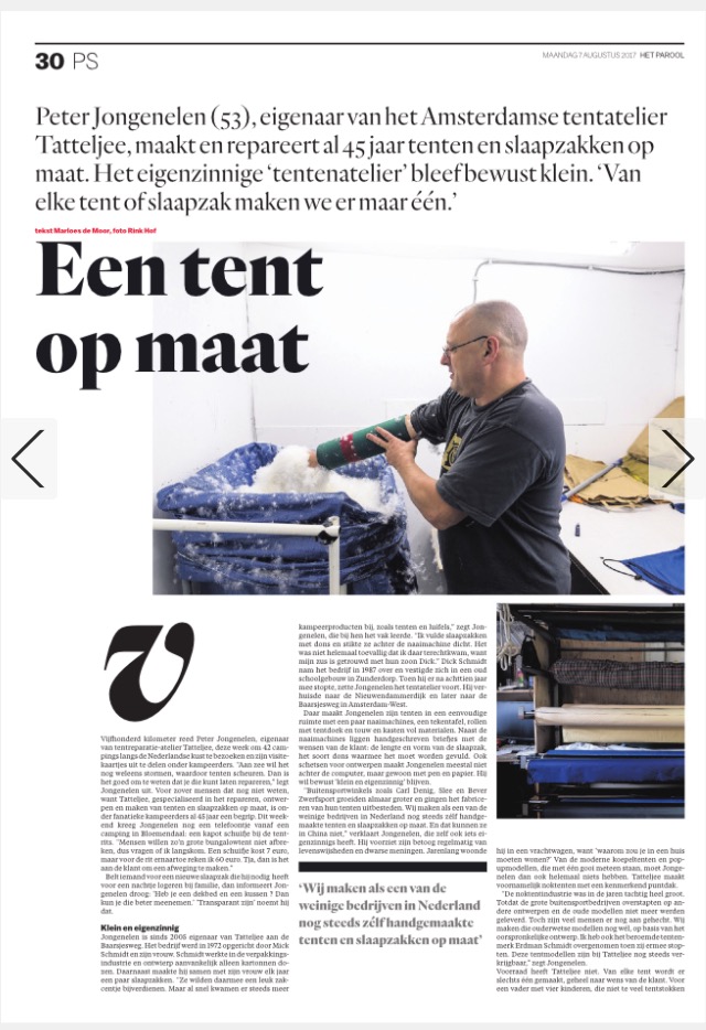 Parool 7 augustus: maakt al 45 jaar tenten op maat. | Marloes de Moor